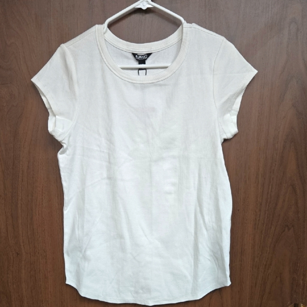 Buffalo David Bitton Size S White Crew Neck Rib Knit T-Shirt With Cap Sl…